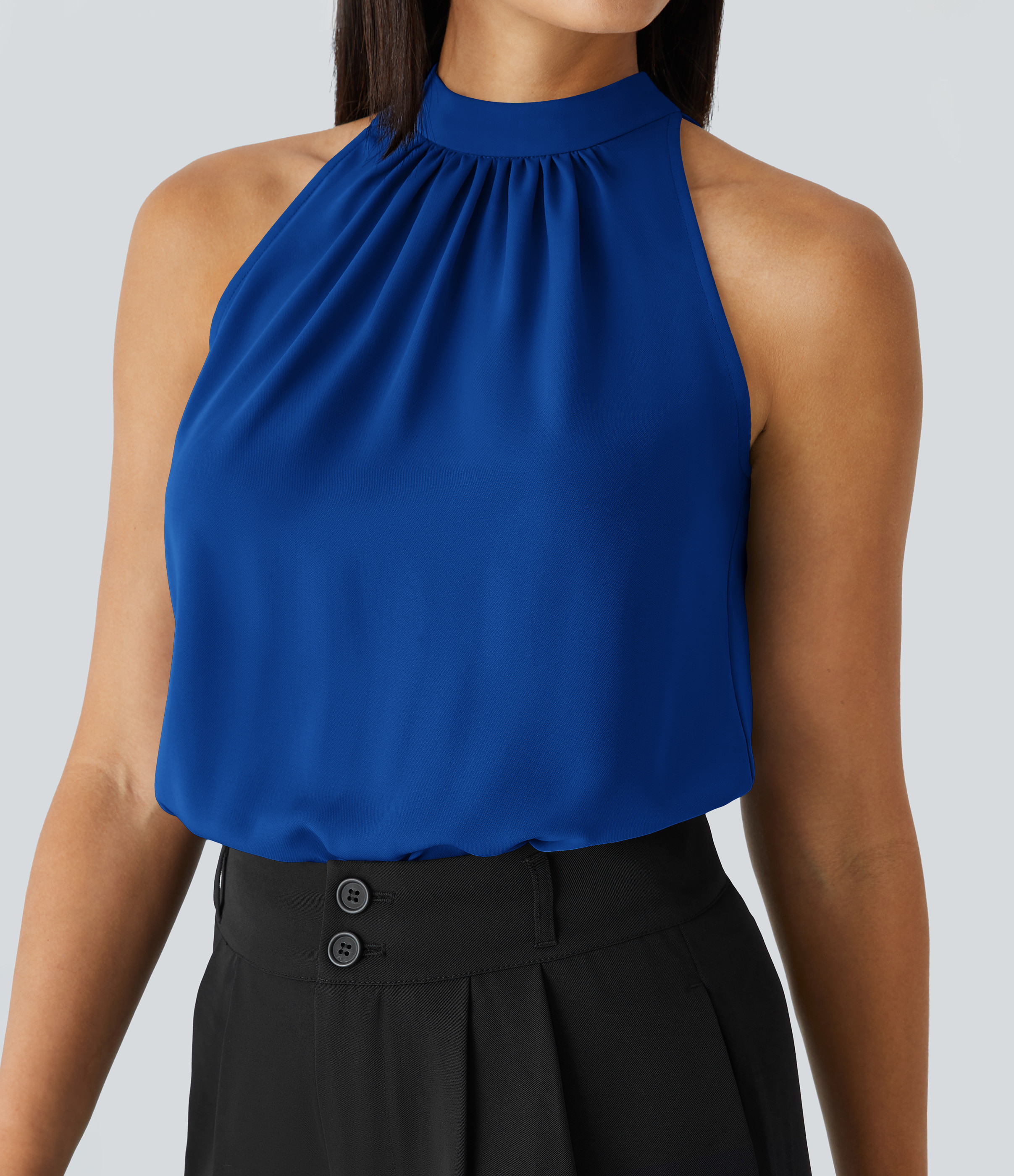 Halara Keyhole Back Halter Sleeveless Curved Hem Work Blouse - Surf the Web - M | HALARA