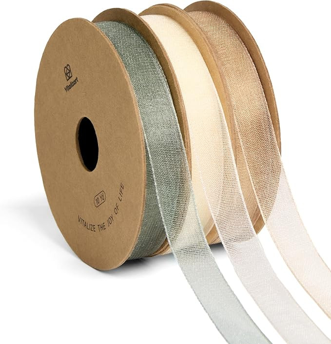 Vitalizart Organza Ribbon 3/8" x 30 Yd Cream White Rose Gold & Dusty Green Sheer Ribbons for Gift... | Amazon (US)