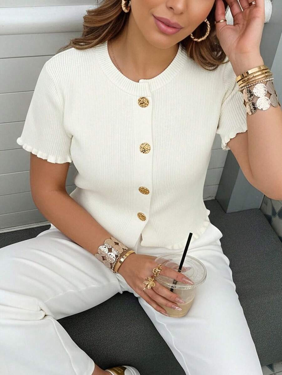 Women's Summer Button Ear Design Beige Knit Top, Elegant Casual Short Sleeve Knit Sweater, Suitab... | SHEIN