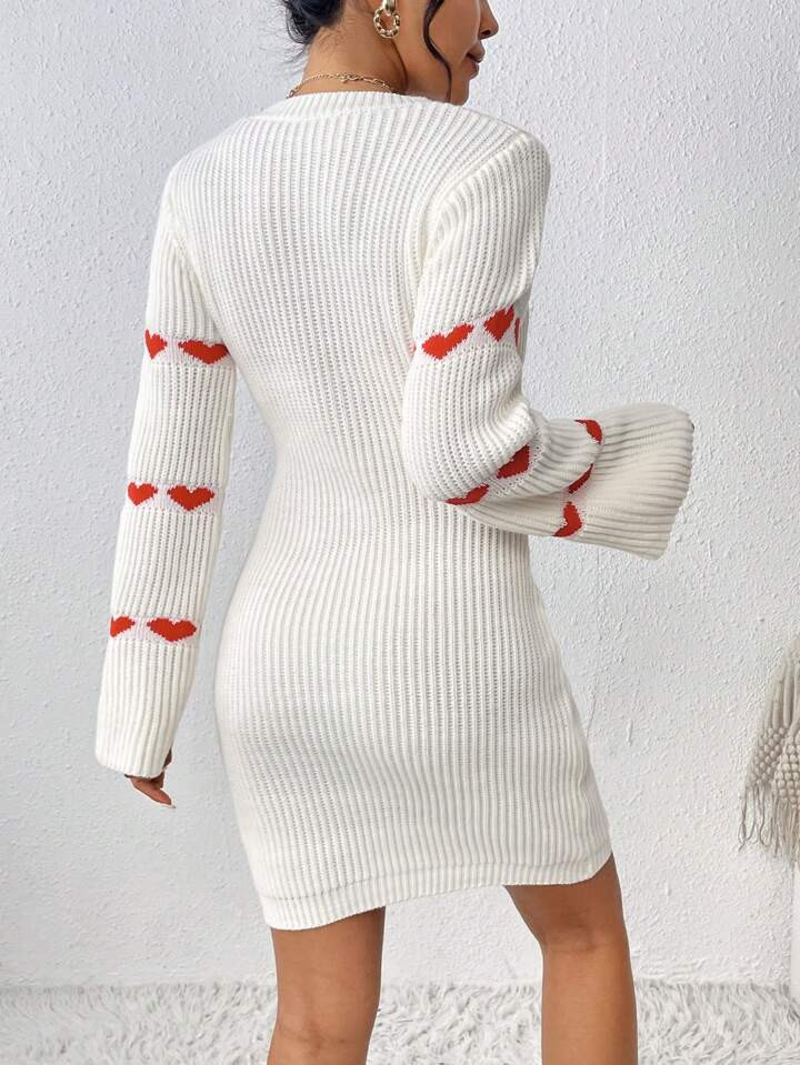 SHEIN Privé Heart Pattern Flounce Sleeve Sweater Dress | SHEIN