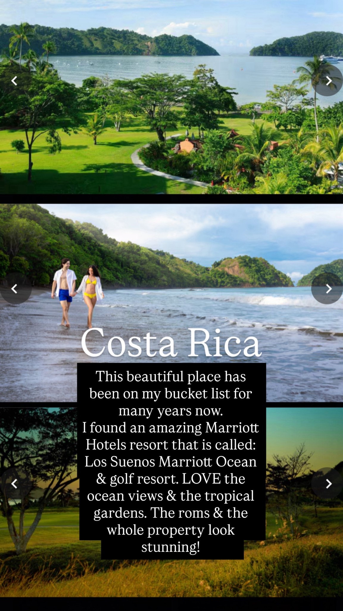 I’ve been to so many destinations and stayed at so many different hotels. I wanted to share the two destinations that’s on my bucket list for sometime now. Costa Rica is on my bucket list for many years now. I found this gorgeous Marriott property called: Los Suenos Marriott Ocean & golf resort. I love how stunning and calm this place looks. I feel like this property is where comfort meets Costa Rica’s natural beauty 

@marriotthotels @MarriotBonvoy
#MarriottPartner

#LTKTravel #LTKU #LTKdayinmylife