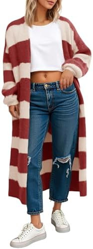 Saodimallsu Womens Striped Long Cardigan Sweaters Open Front Oversized Chunky Fuzzy Knit Fall Dus... | Amazon (US)