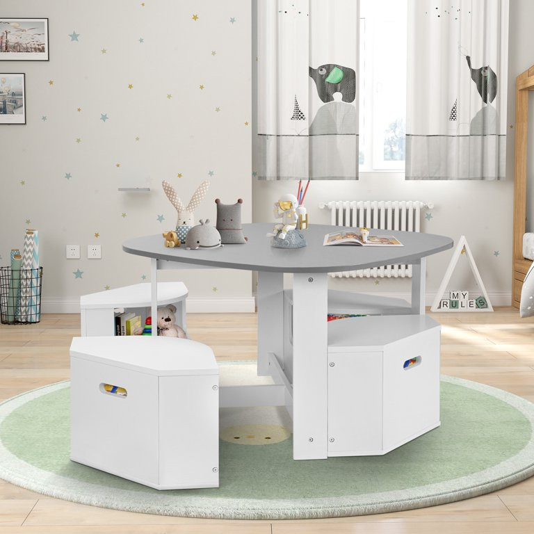 iRerts Kids Table and Chairs Set of 4, Table Chair Sets with Storage, Wooden Activity Table Sets ... | Walmart (US)