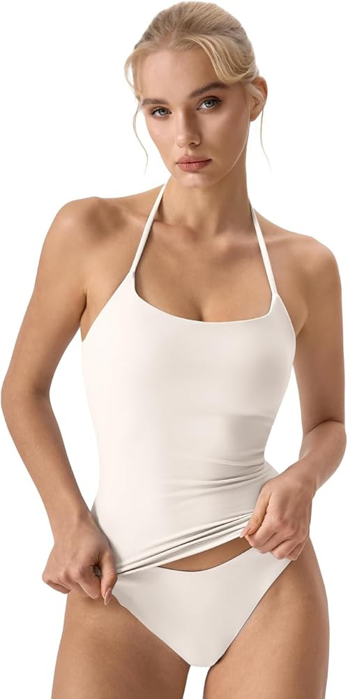 QINSEN Self Tie Halter Neck Basic Shirts for Womens Double Lined Slimming Fit Going Out Sleeveles... | Amazon (US)
