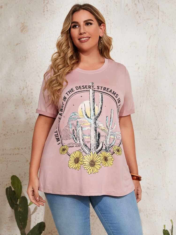 EMERY ROSE Plus Cactus & Slogan Graphic Tee | SHEIN