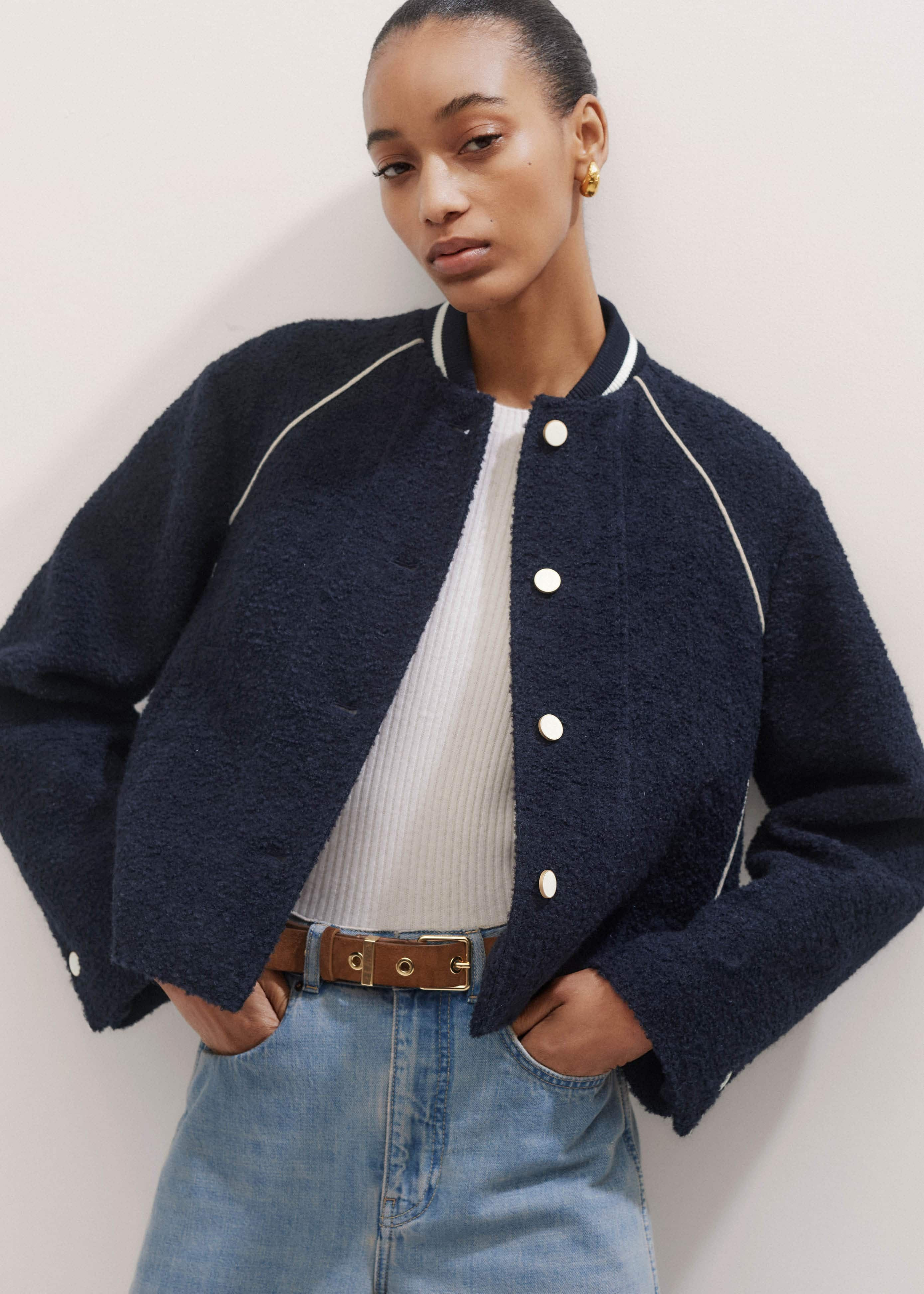 Women's Navy Bouclé Varsity Swing Jacket | ME+EM | ME+EM Global (Excluding US)