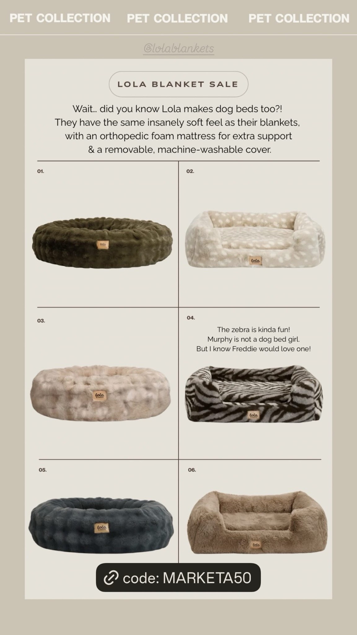 Lola Sale: code: MARKETA50 for 50% off, a $50 gift card and free shipping. Dog bed. Cute dog bed. Lola blanket sale