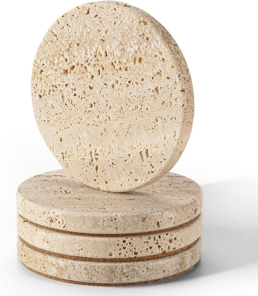 Round White Travertine Marble Coasters, Set of 4 Handmade 4" Coasters for Cup Coffee Table,Kitche... | Amazon (US)