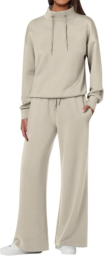 ANRABESS Womens 2 Piece Outfits Sweatsuit Set 2024 Fall Drawstring Sweatshirt Wide Leg Sweatpant ... | Amazon (US)