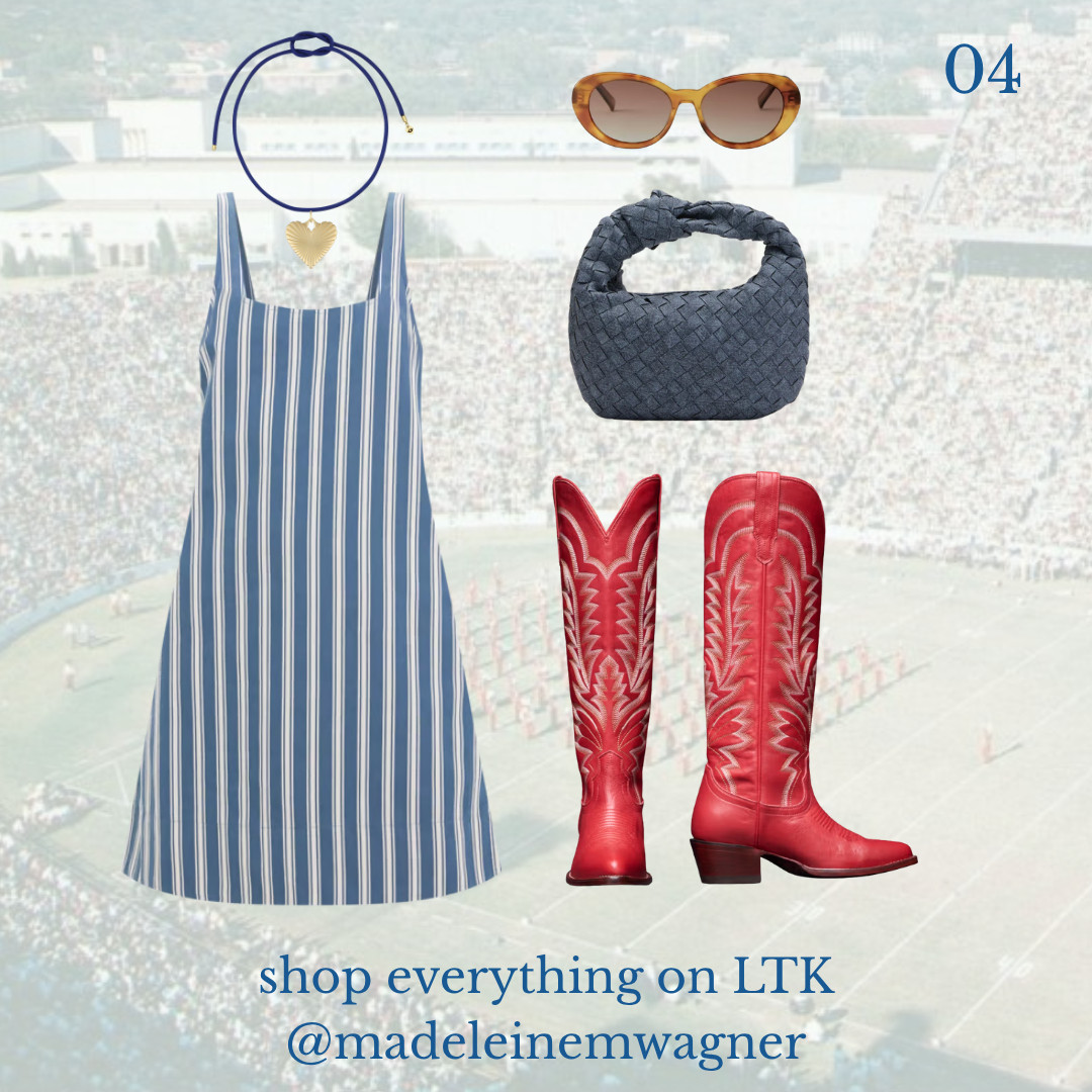 SMU boulevard style guide 04 | striped shift dress, gameday dress outfit, red cowboy boots, western gameday style, woven leather bag, charm necklace, SMU tailgate outfit, southern gameday look, red white and blue outfit, preppy gameday style, football season fashion, casual chic tailgate outfit, college game day inspo, cute gameday dress, LTK fall outfit 

 #LTKSeasonal #LTKFindsUnder50 #LTKStyleTip