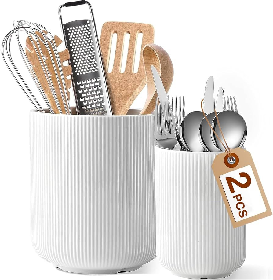 Mfacoy Large Kitchen Utensil Holder Set of 2, 7.3" + 5.4" Ceramic Cooking Utensil Holder for Coun... | Amazon (US)
