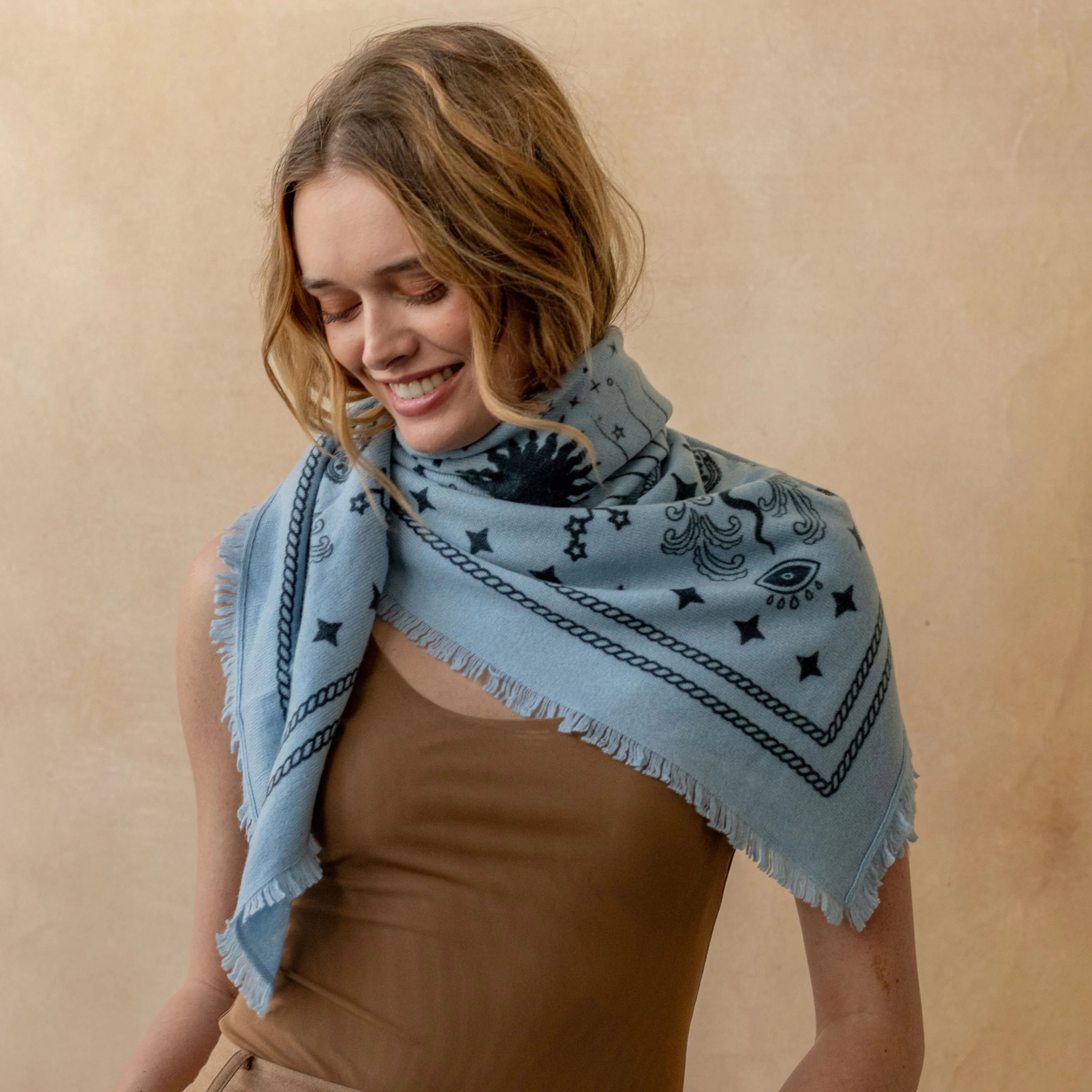 Cosmic Rodeo Cashmere Bandana Sweater Wrap Soft Blue / Black / O/S | The Freya Brand