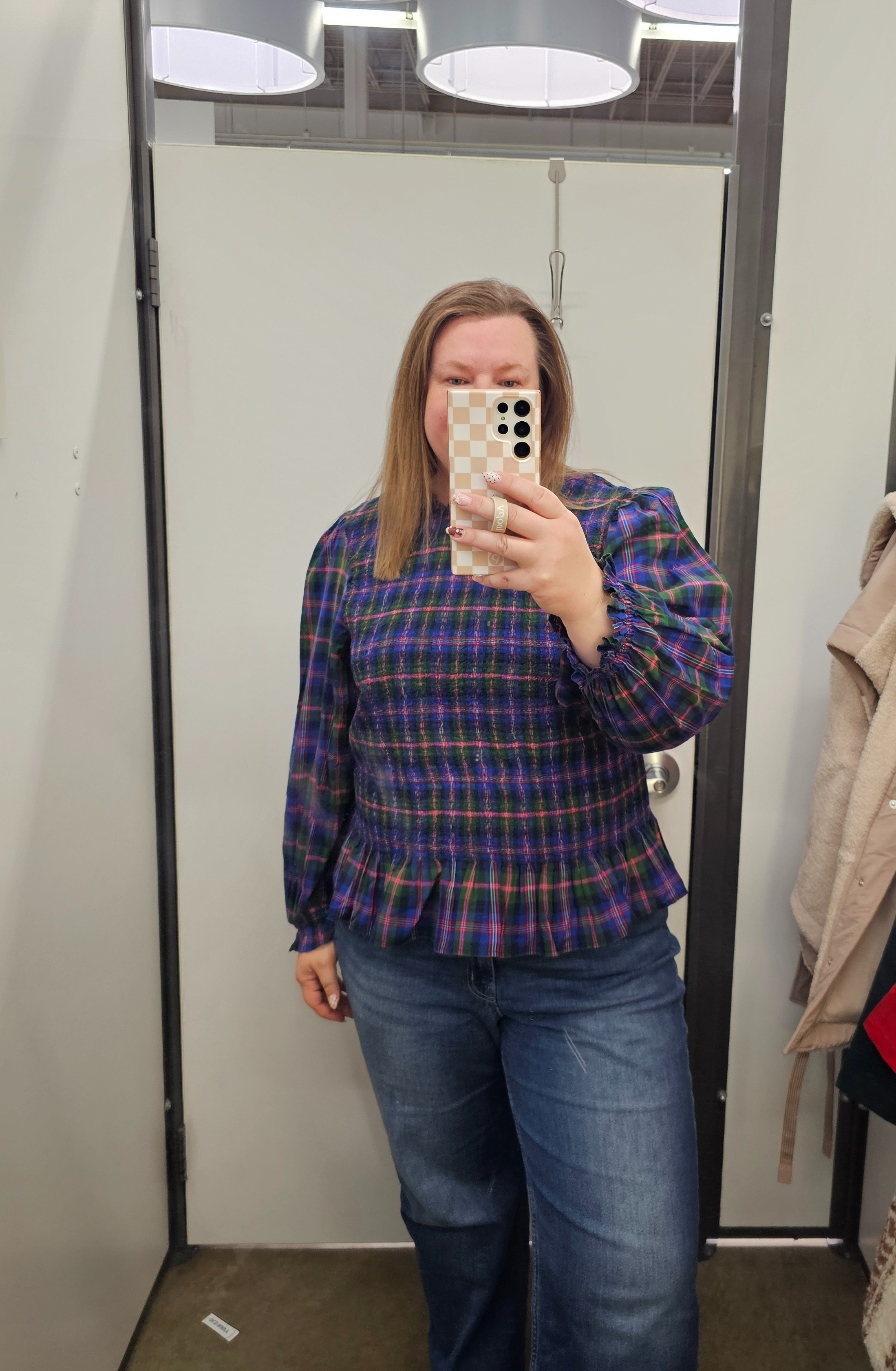 This top is an XXL, I could have sized down one.  It comes in this blue plaid as well as a red.  Denim is size 18. 

#LTKOver40 #LTKHoliday #LTKCyberWeek