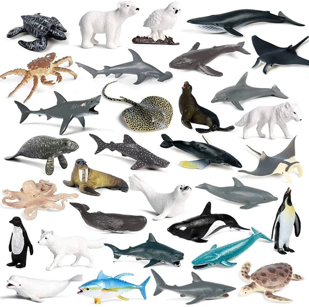 RCOMG 32PCS Mini Sea Animal Figures Toy, Plastic Small Ocean Animal Figurine Set with Sharks Whal... | Amazon (US)