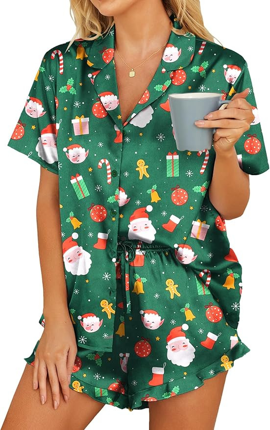 HOTOUCH Womens Satin Pajamas Set Button Down 2 Piece Silk Pjs Shorts Set Ruffle Lingerie Notch Co... | Amazon (US)