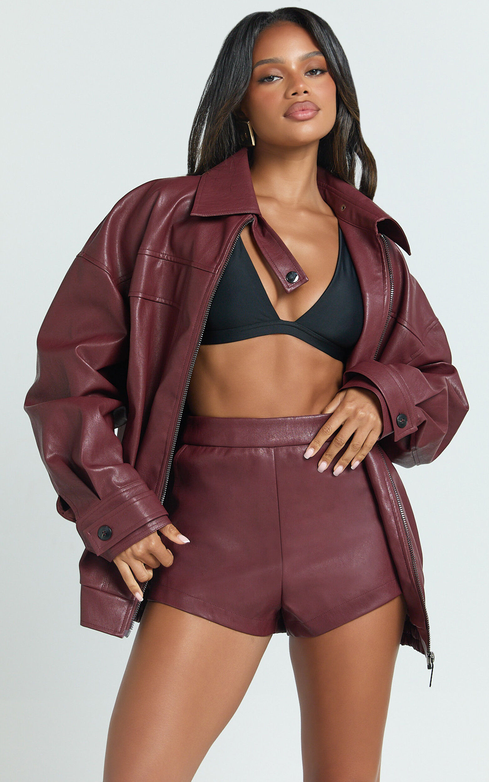 Rosetta Jacket - Oversized Faux Leather Bomber Jacket in Wine | Showpo (ANZ)