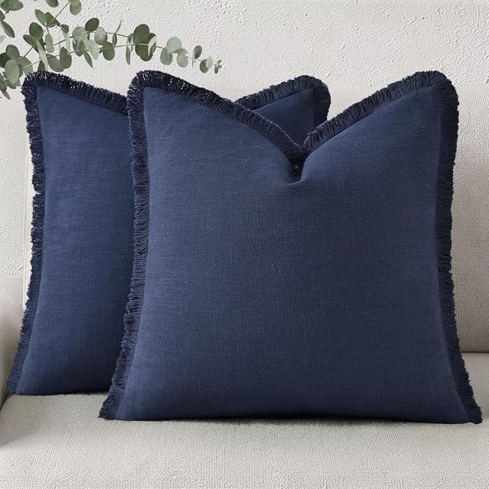 decorUhome Linen Fringe Navy Blue Throw Pillow Covers 18x18 Set of 2 | Amazon (US)