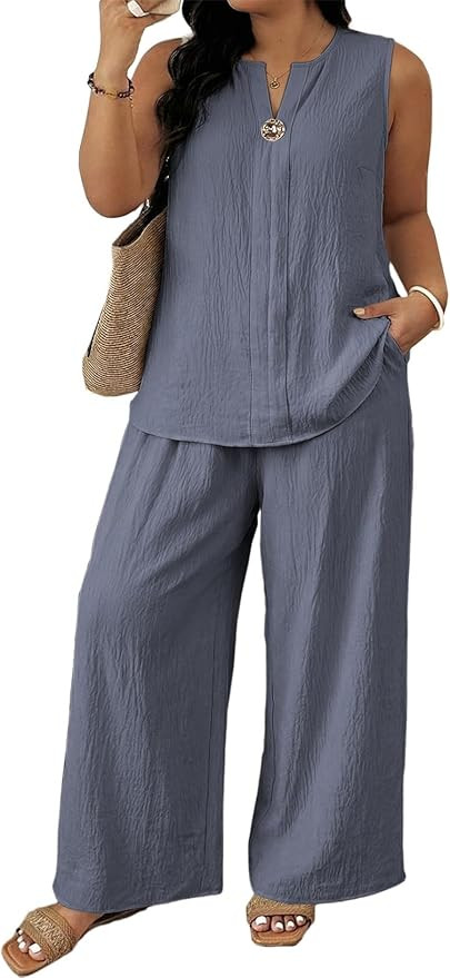 Eytino Plus Size 2 Piece Sets for Women Summer Travel Vacation Outfits Sleeveless Tops Wide Leg P... | Amazon (US)