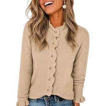 Wenrine Womens Ruffle Cardigan Sweaters Casual Button Down Knit Tops Coat | Fall,Winter,Open Fron... | Amazon (US)