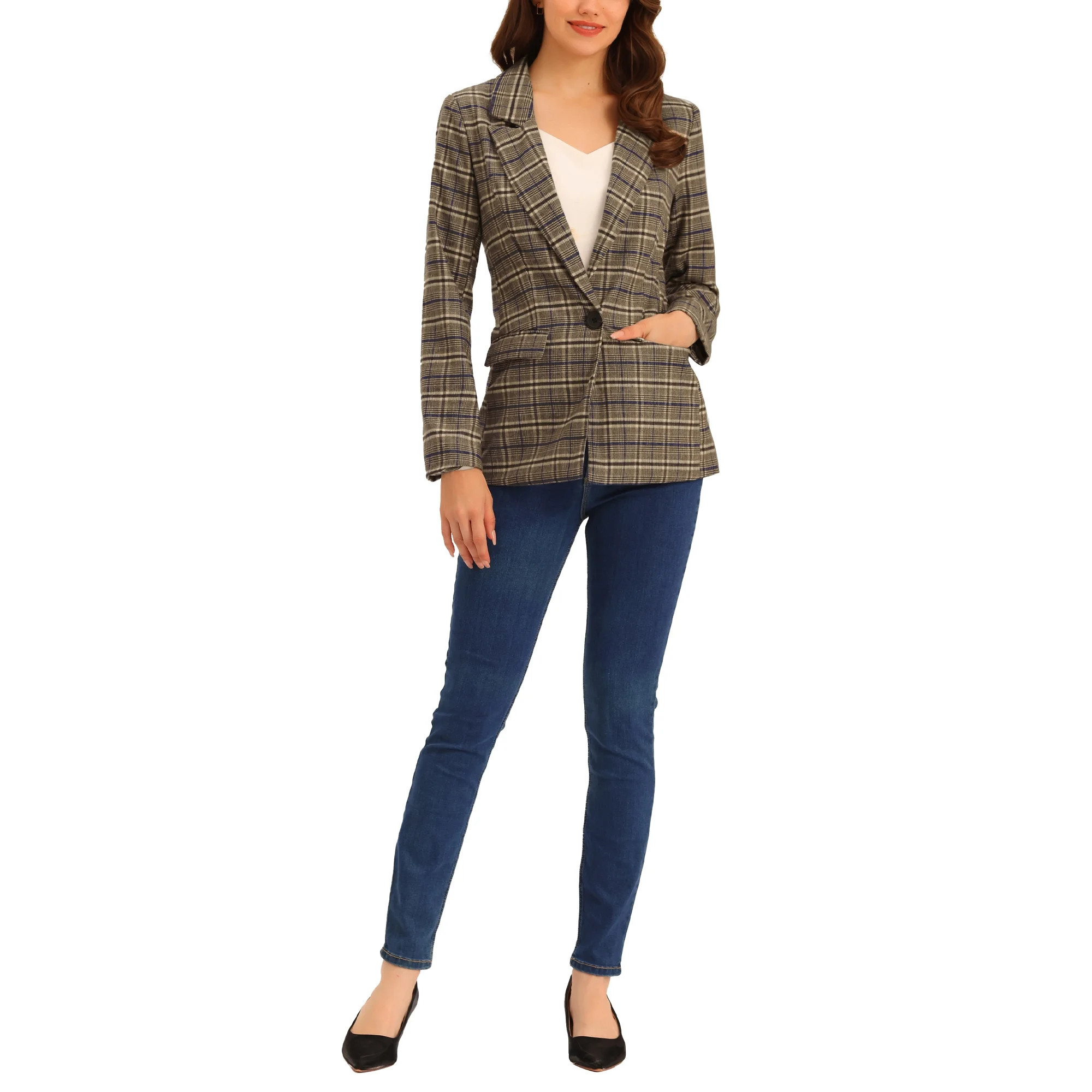 Unique Bargains Women's Boyfriend Notched Lapel One Button Houndstooth Blazer Jacket Blue Brown M | Walmart (CA)