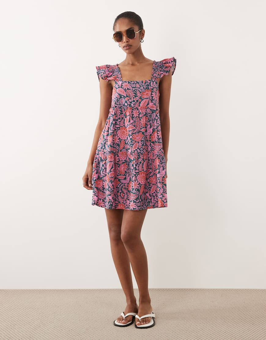 Accessorize floral mini beach dress with frill straps in teal-Blue | ASOS (Global)