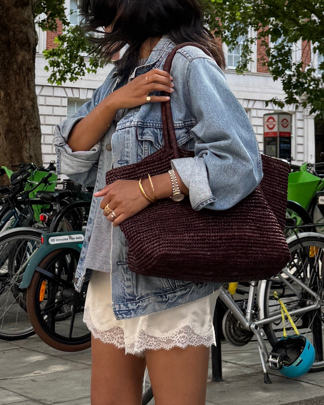 Lace trim shorts denim jacket straw bag grey tee

#LTKuk #LTKsummer
