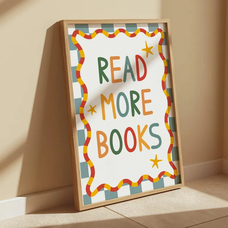 Read more books print in bright colours, kids bedroom decor, reading corner print, checkered patt... | Etsy (US)