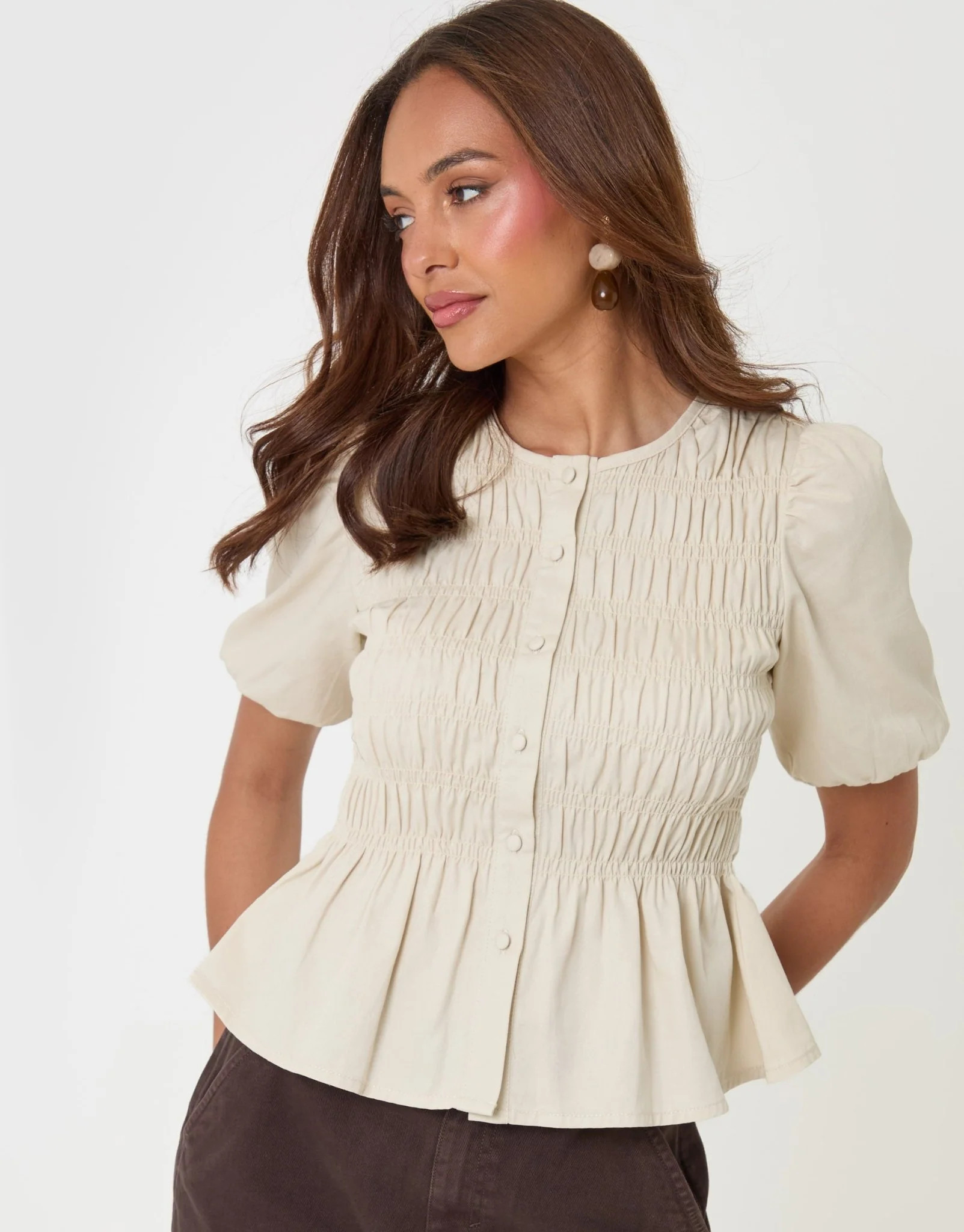 Denim Short Sleeve Smock Blouse in Ecru | Threadbare UK