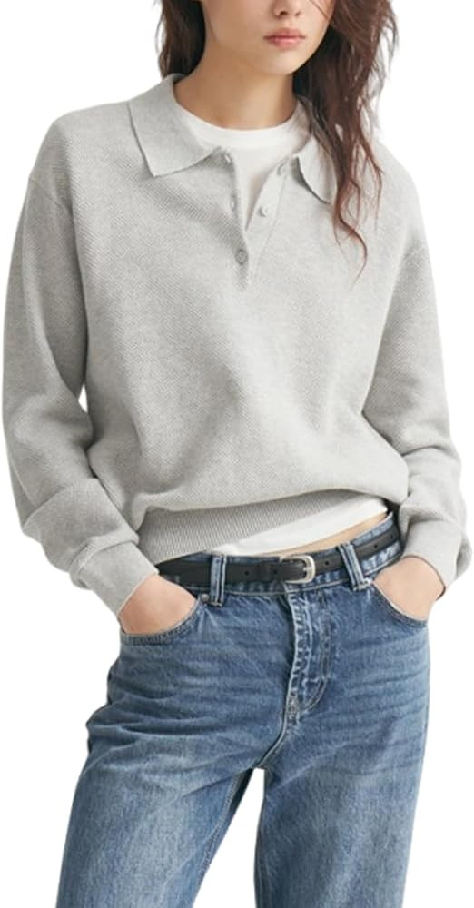 Women's Pullover Knitted Sweater Long Sleeve Polo Shirts Solid Color V-Neck Tops | Amazon (US)