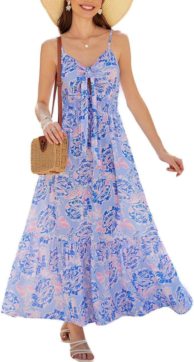 GRACE KARIN Women's 2024 Summer Beach Dress Floral V Neck Tie Front Spaghetti Strap Flowy Long Dr... | Amazon (US)
