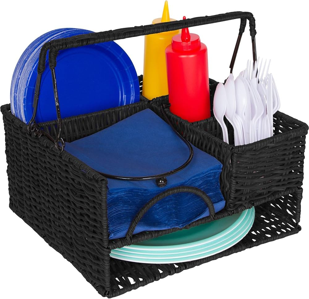 Trademark Innovations 12" x 11" Rattan Tabletop Serveware and Condiment Organizer and Caddy (Blac... | Amazon (US)