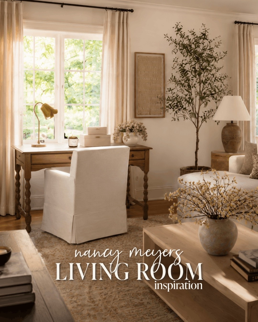 Shop everything you need to make your living room feel like the set of Something's Gotta Give – a desk by the window, linen sectional, natural coffee table, ceramic lamps, the greenery, and more.

🤍 AI-generated image from the design moodboard we created | app pieces are real & can be shopped!

#NancyMeyersAesthetic #ShopTheLook #LivingRoomDecor #HomeDecorInspo #QuietLuxury #NeutralHome #CoastalGrandmother #InteriorDesign #AffordableHomeDecor #LTKHome #TheInspiredAbode

#LTKHome