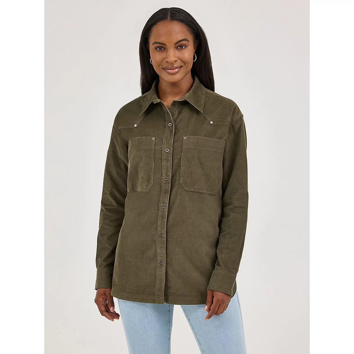 Women's Wrangler Corduroy Boyfriend Western Snap Shirt in Olive | Wrangler