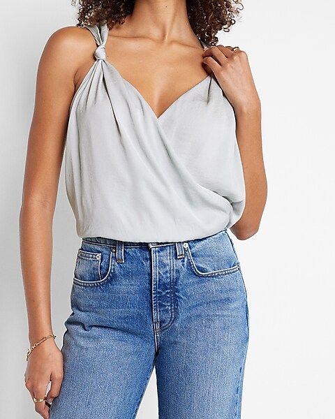 Knotted Straps Faux Wrap Front Satin Tank Top | Express