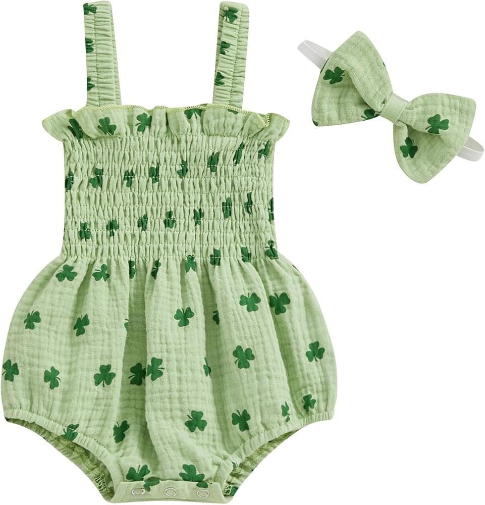 St Patricks Day Baby Girl Outfit Long Sleeve Bubble Romper Shamrock Print Cotton Linen Bodysuit | Amazon (US)