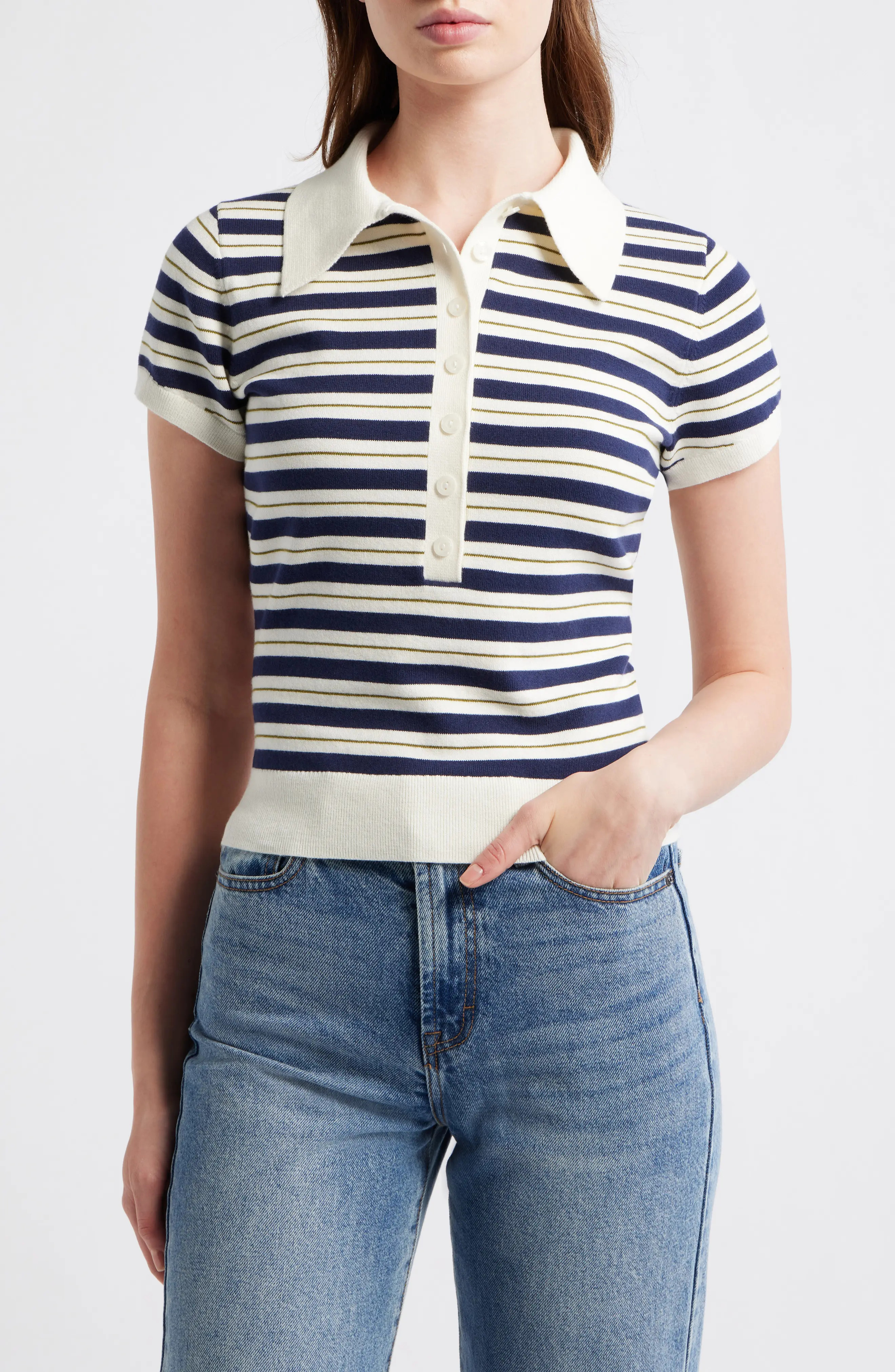 Reformation Bentley Crop Polo Sweater in Fior Di Latte Navy M at Nordstrom, Size Small | Nordstrom