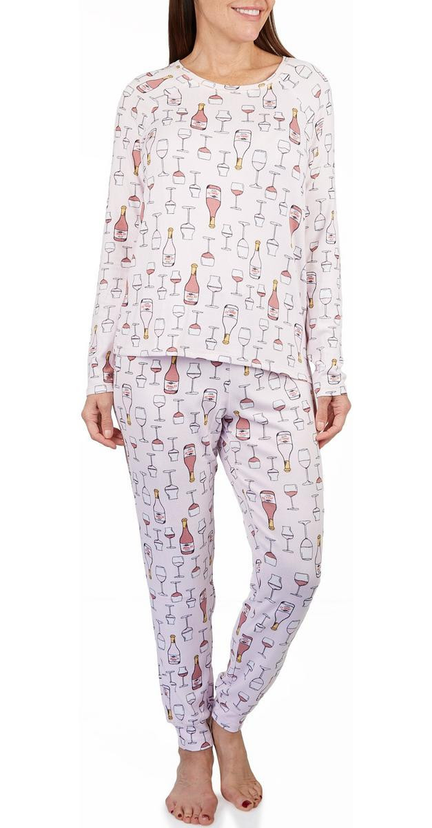 Women's 2 Pc Wine Print Pajama Pants Set -Pink-Pink-0734106851666   | Burkes Outlet | bealls