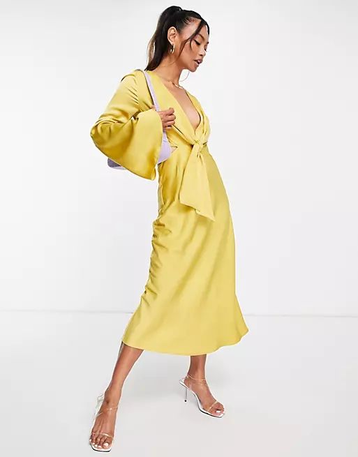 ASOS DESIGN tie front satin midi dress with flared sleeve and cut out side in yellow | ASOS (Global)
