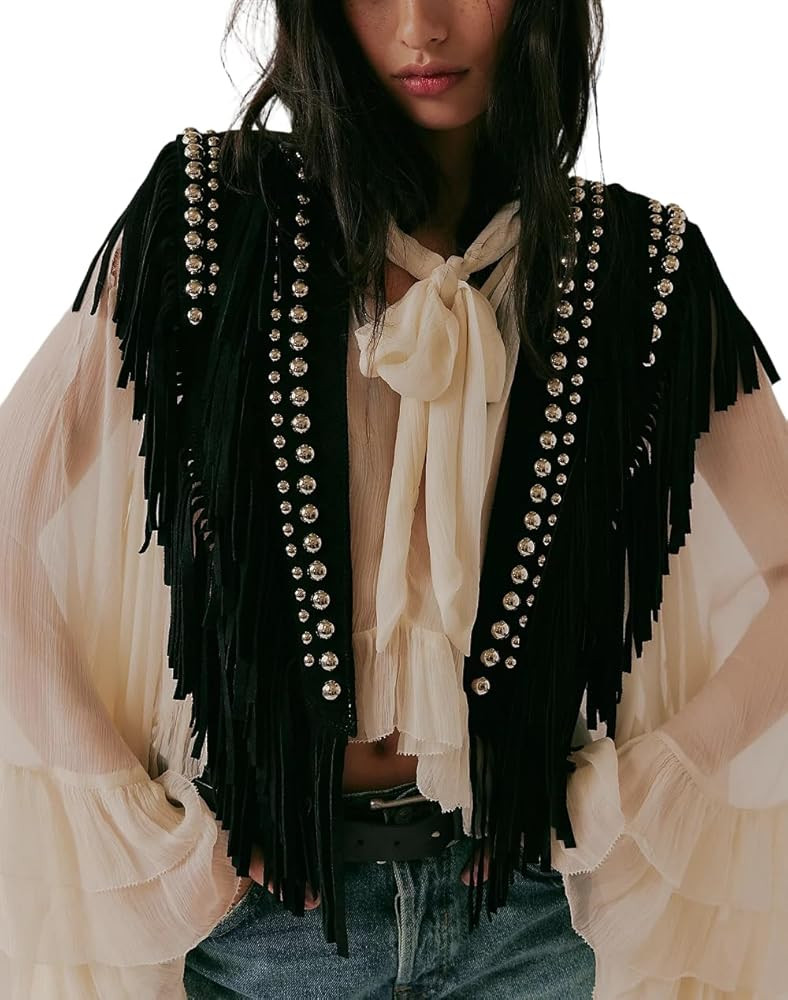 Women Studded Suede Collar Shawl Scarf Wrap Western Fringe Vest Boho Hippie Cowgirl Outfits | Amazon (US)