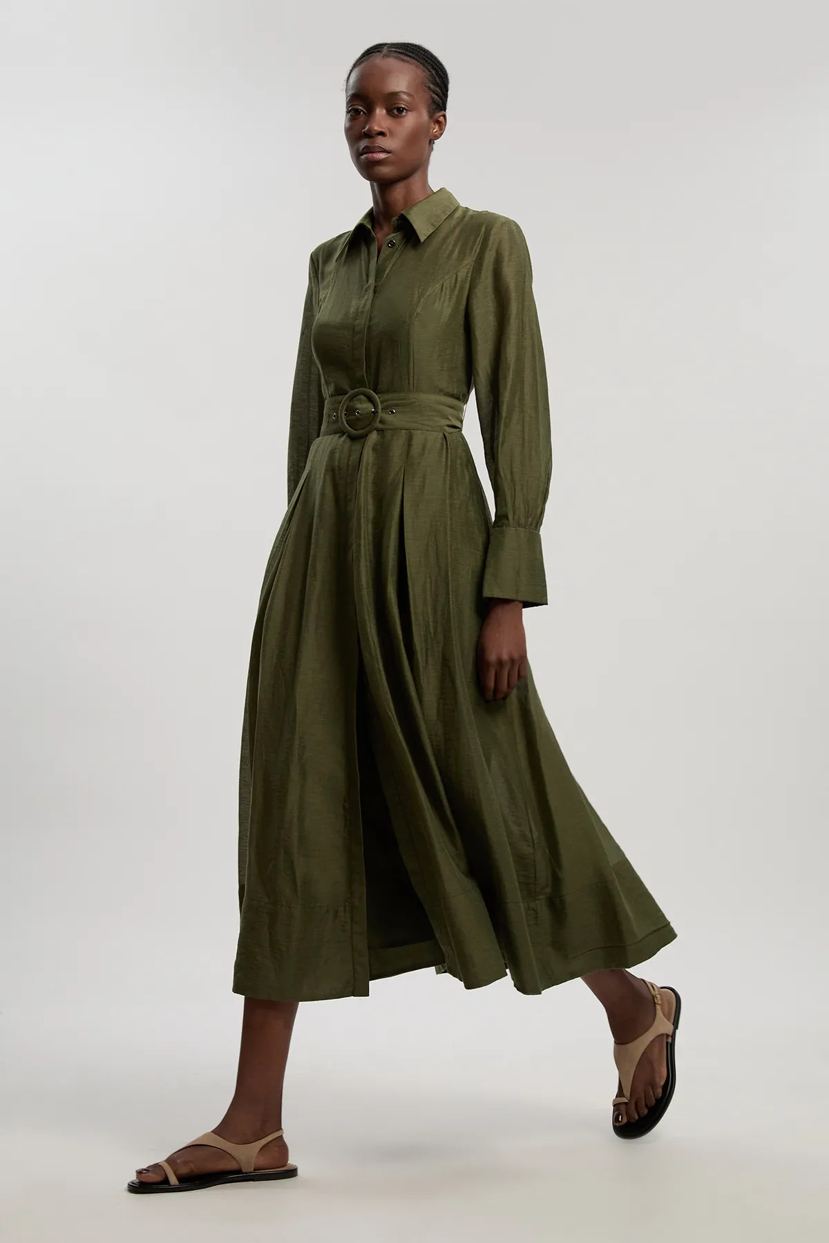 Khaki Karen Millen Petite Organdie Woven Midi Shirt Dress | Boohoo | Boohoo.com (UK & IE)