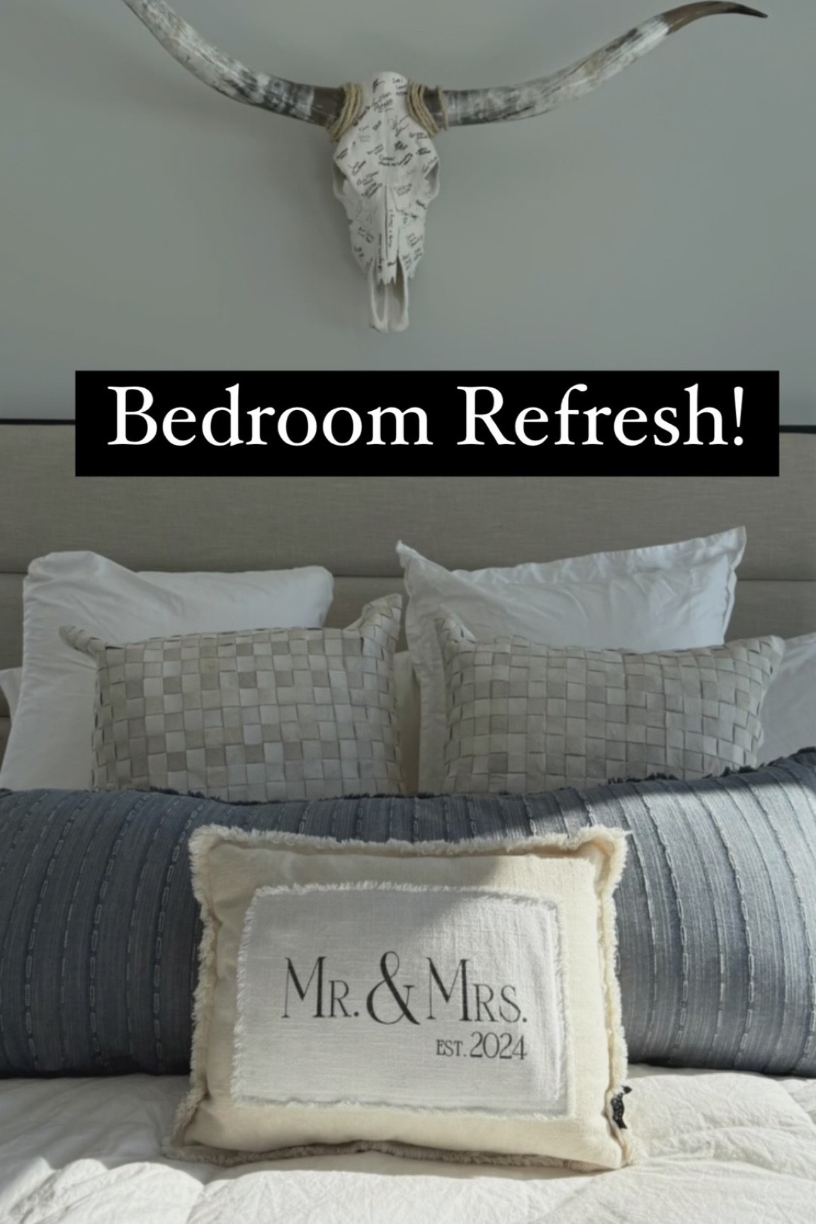 If you know me, you know I love cowhide! These pillows added just the perfect touch to our bed. When we got married in September, we used the skull for our guest book and it turned out great. What are your thought on cowhide?! Let me know! ⬇️

#bedroomdecor #modernranchhomedecor #ranchhomedecor #modernwesternhome #modernwesterndecor