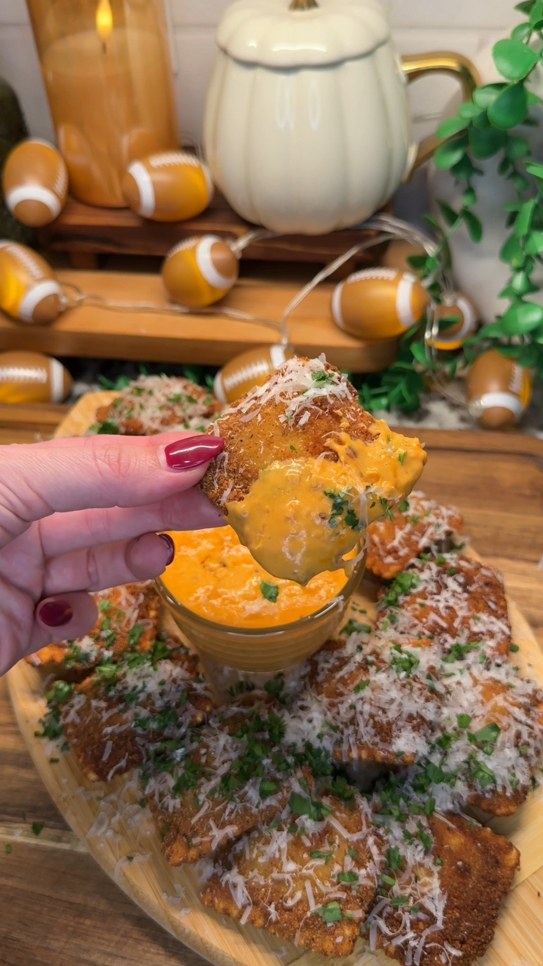 tastebud touchdowns, week 10: fried ravioli with vodka dipping sauce🍝🏈✨
#gamedayhosting #cookingessentials #litchenfavorites #kitchenmusthaves

Ingredients
- 1 cup flour
- 2 count eggs
- 1.5 cups plain panko breadcrumbs
- 2 tsps paprika
- 2 tsps onion powder
- 2 tsps garlic powder
- 2.5 tsps salt
- 2.5 tsps black pepper
- 18 count beef and cheese ravioli
- 4 Tbs butter
- 8 cloves garlic, minced
- 1 tsp red pepper flakes
- 1 Tb tomato paste
- 1/4 cups vodka
- 1/2 cups heavy cream
- 2 Tbs parmesan, freshly grated
- 1 Tb parsley, chopped
- avocado oil, for frying

#LTKHome #LTKSeasonal #LTKFamily
