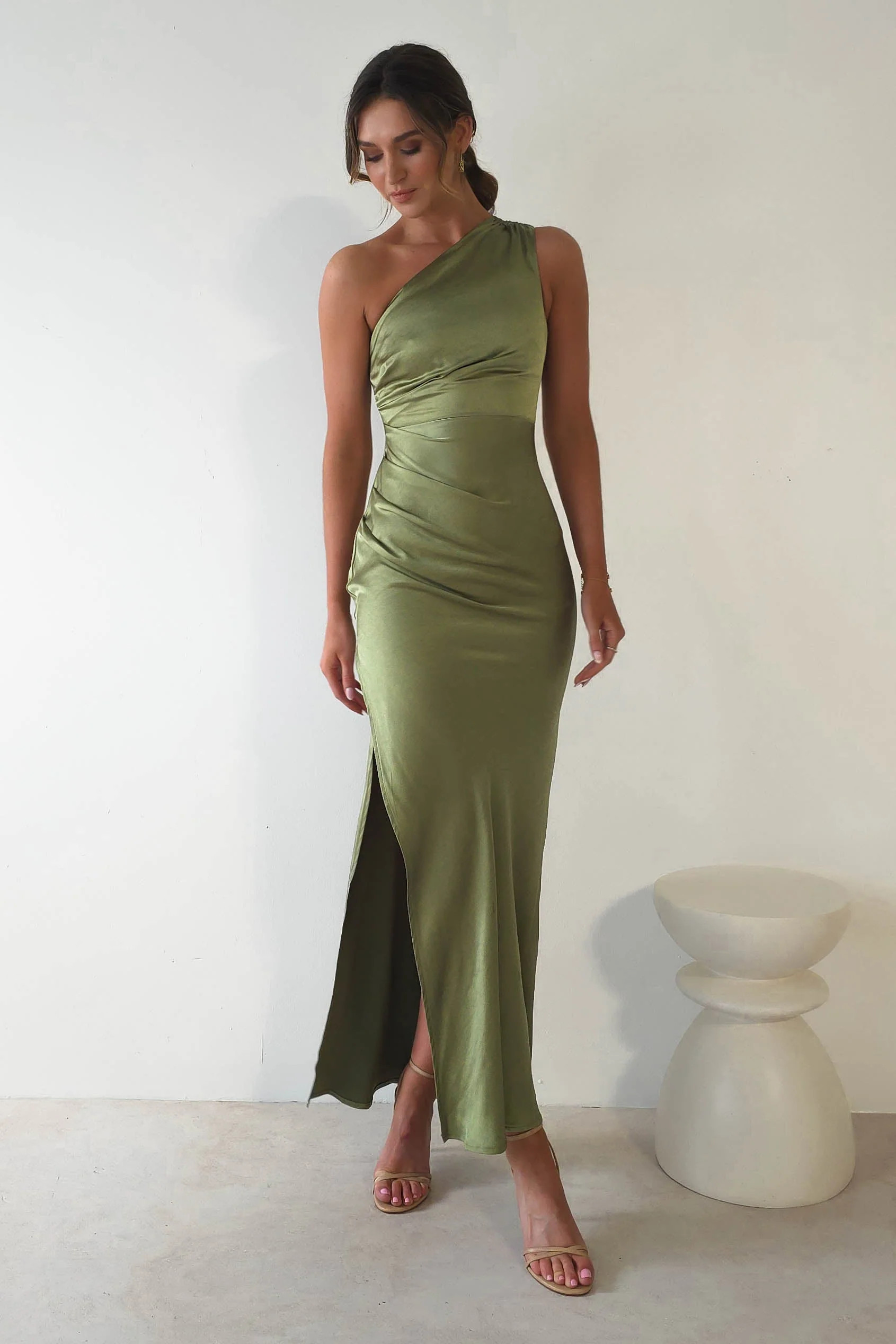 Thessy Soft Satin Maxi Dress | Olive | Oh Hello Clothing