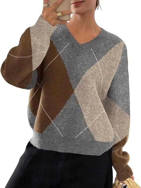 Wyeysyt Argyle Sweater Women Casual Plaid V Neck Drop Shoulder Pullover Sweaters Color Block Chunky Knit Top | Amazon (US)