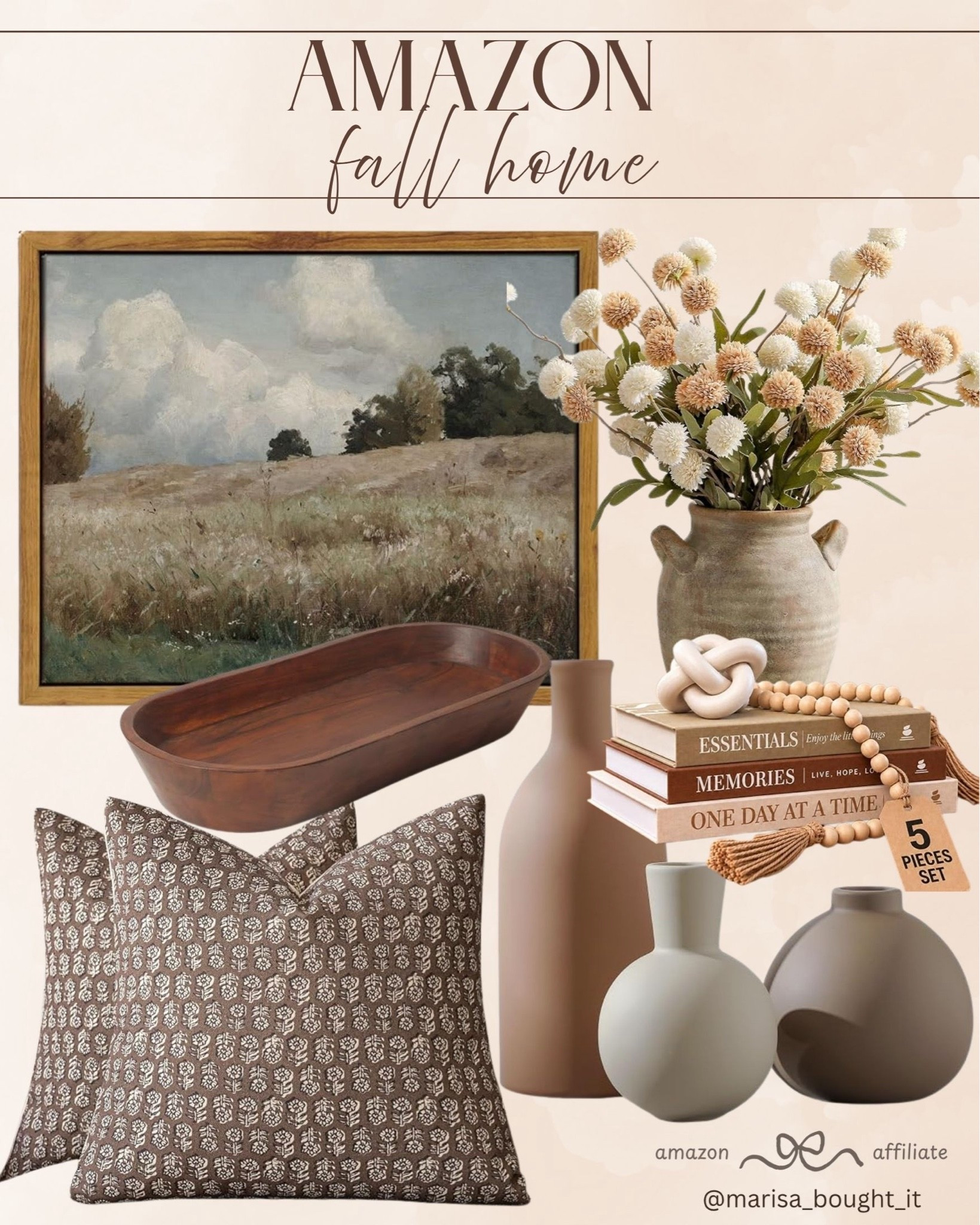 Elevate your space for autumn with these cozy Amazon finds! 🍂
Rustic landscape art, patterned pillows, and a wooden dough bowl create the ultimate cozy, neutral backdrop.

Style with ceramic vases, faux stems, and decorative wooden links for an effortless, warm home refresh. 🕯️✨

#AmazonHome #FallHomeDecor #NeutralHome #CozyVibes #AutumnDecor #AmazonFinds #HomeInspo #LTKhome #InteriorStyling #SeasonalDecor

#LTKSeasonal #LTKHome