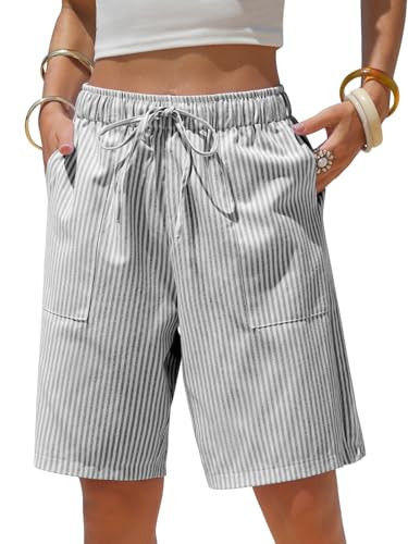 EXLURA Womens Striped Bermuda Shorts Casual Cotton Linen Shorts Elastic Drawstring Summer Beach Vacation Shorts Pockets | Amazon (US)