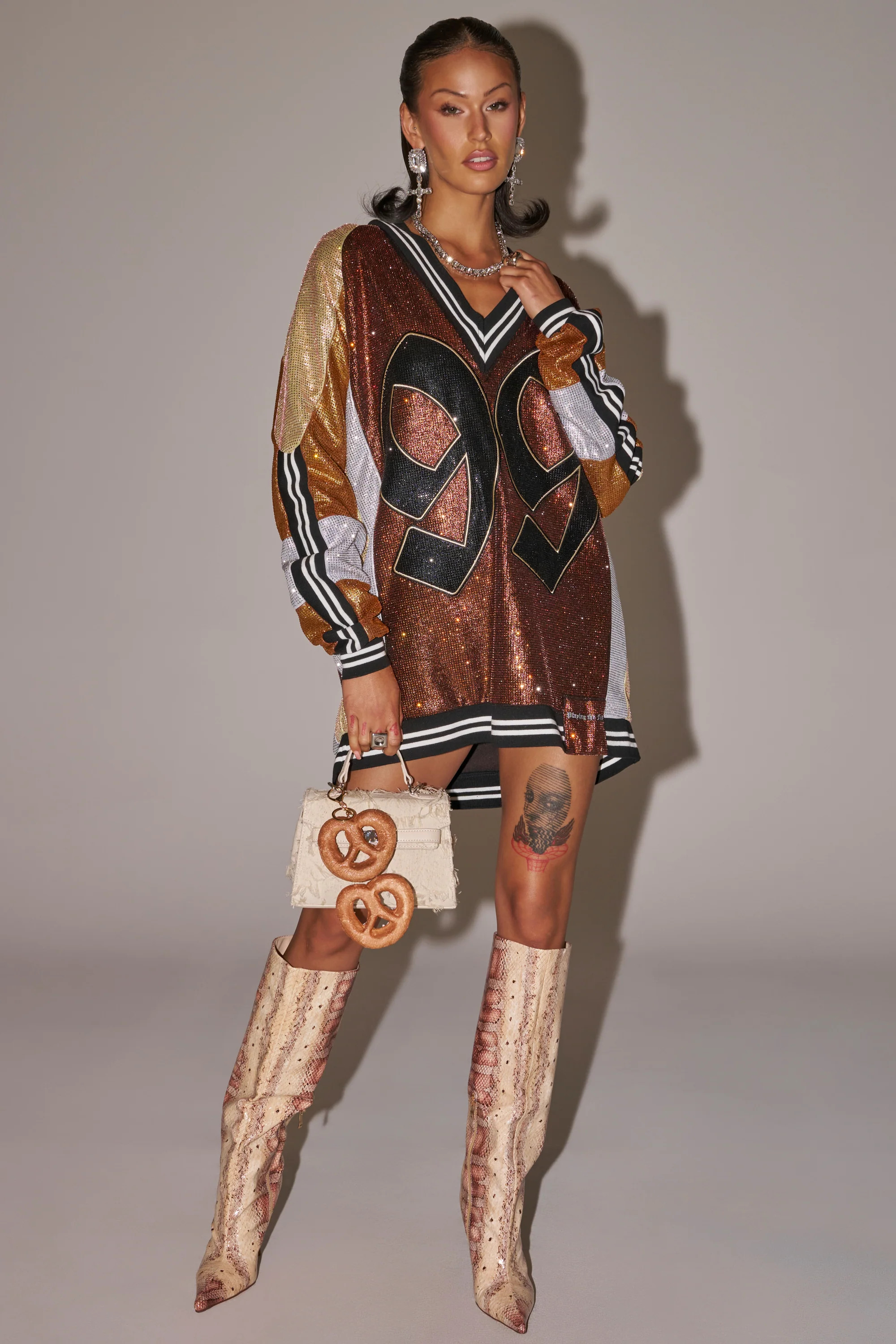 RYAN COLORBLOCK RHINESTONE JERSEY DRESS IN COCOA | AKIRA