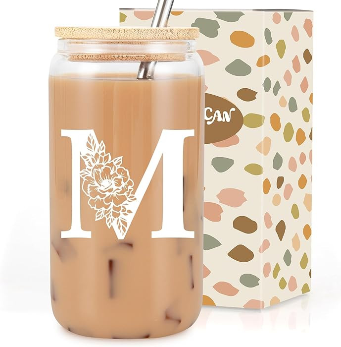 Coolife Initial Glass Cup, Monogrammed Gifts for Women, 16 oz Glass Cups w/Lids Straws, Iced Coff... | Amazon (US)