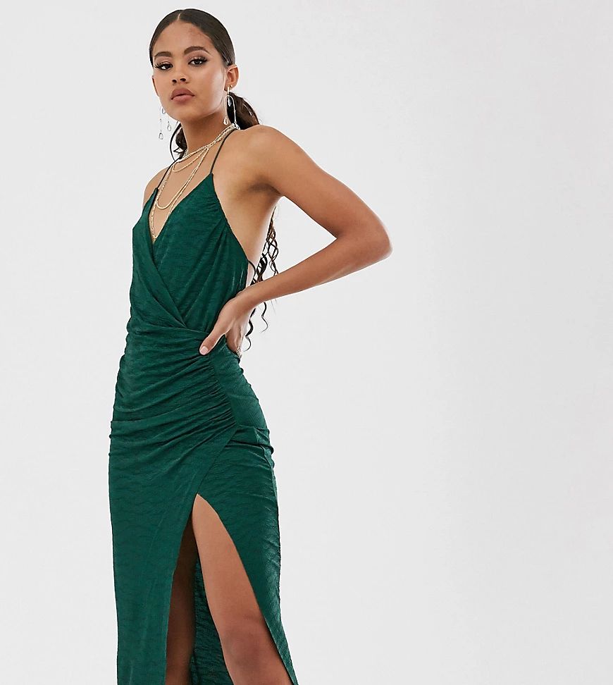 ASOS DESIGN Tall textured cami wrap plunge midi dress with split-Green | ASOS (Global)
