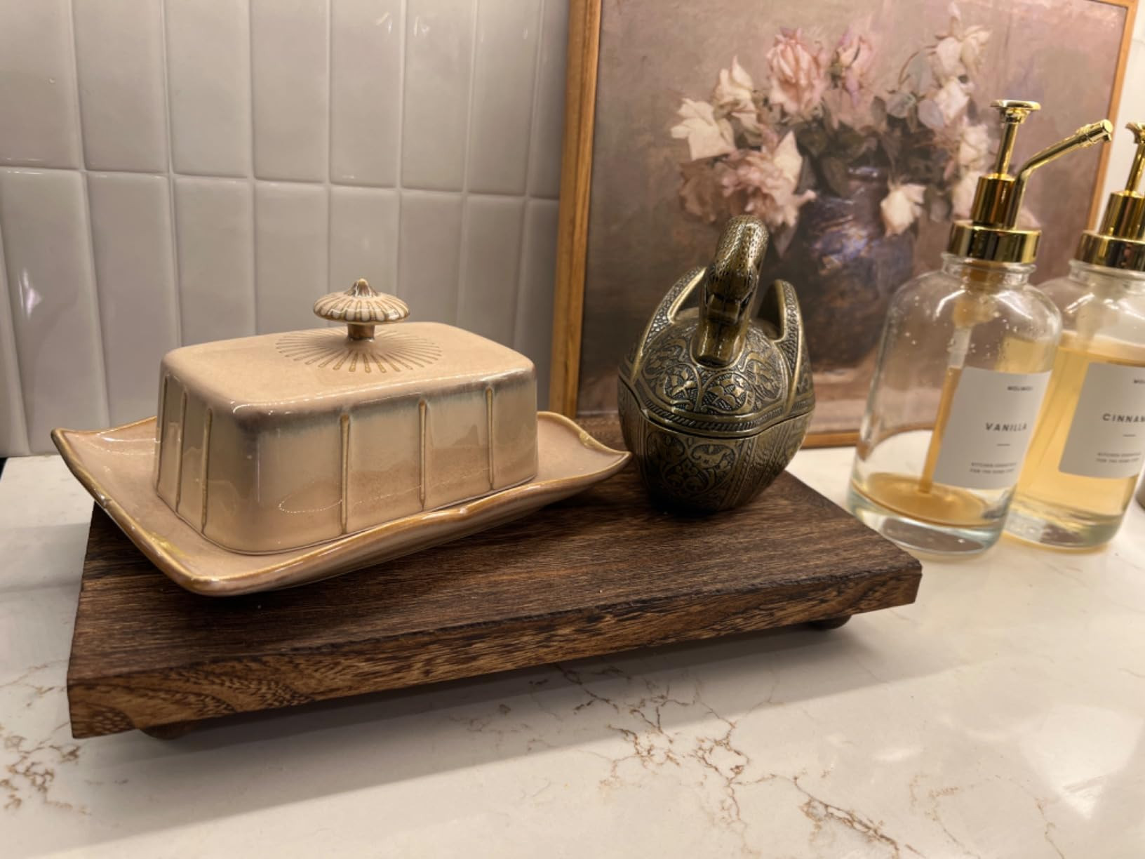 Amyhill Wood Pedestal Stand Kitchen Soap Tray Farmhouse Wooden Riser Stand for Kitchen Bathroom Counter Table Decor Plant Candle Vases Display (Dark Brown, 12 x 7 inch) | Amazon (US)